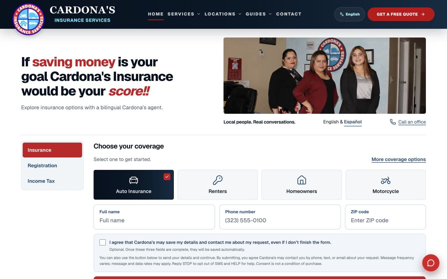 Cardona’s Insurance Services website